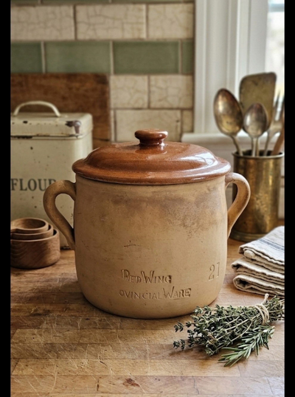 RED WING PROVINCIAL WARE #21 Two-Tone Ceramic Crock with Lid - Brown/Cream